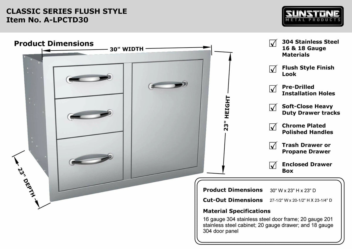 Sunstone Classic Series 30" Triple Drawer Propane Tank Drawer w/Trash Bag Ring