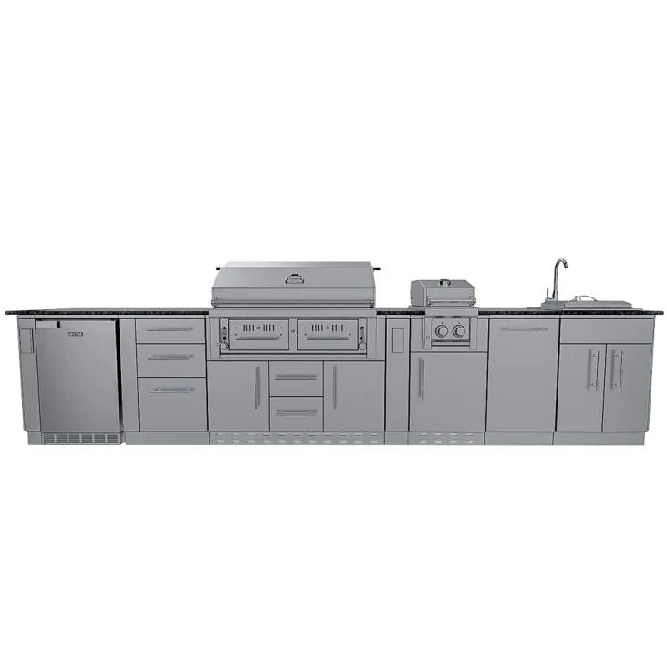 Sunstone Dallas 14′ Outdoor Kitchen Island Package with Gas-Hybrid Charcoal Grill
