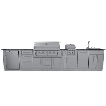 Sunstone Dallas 14′ Outdoor Kitchen Island Package with Gas-Hybrid Charcoal Grill