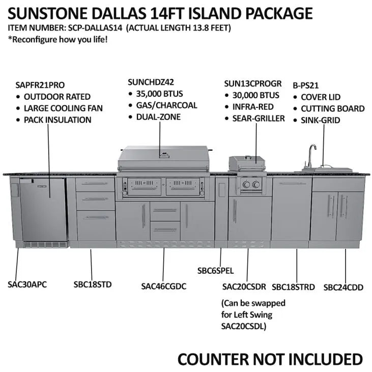 Sunstone Dallas 14′ Outdoor Kitchen Island Package with Gas-Hybrid Charcoal Grill