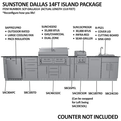 Sunstone Dallas 14′ Outdoor Kitchen Island Package with Gas-Hybrid Charcoal Grill