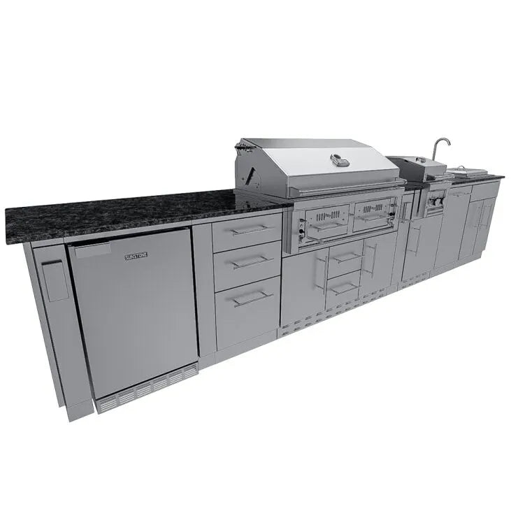 Sunstone Dallas 14′ Outdoor Kitchen Island Package with Gas-Hybrid Charcoal Grill