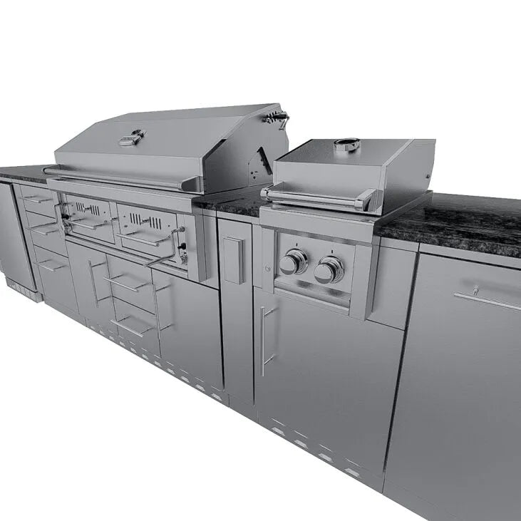 Sunstone Dallas 14′ Outdoor Kitchen Island Package with Gas-Hybrid Charcoal Grill