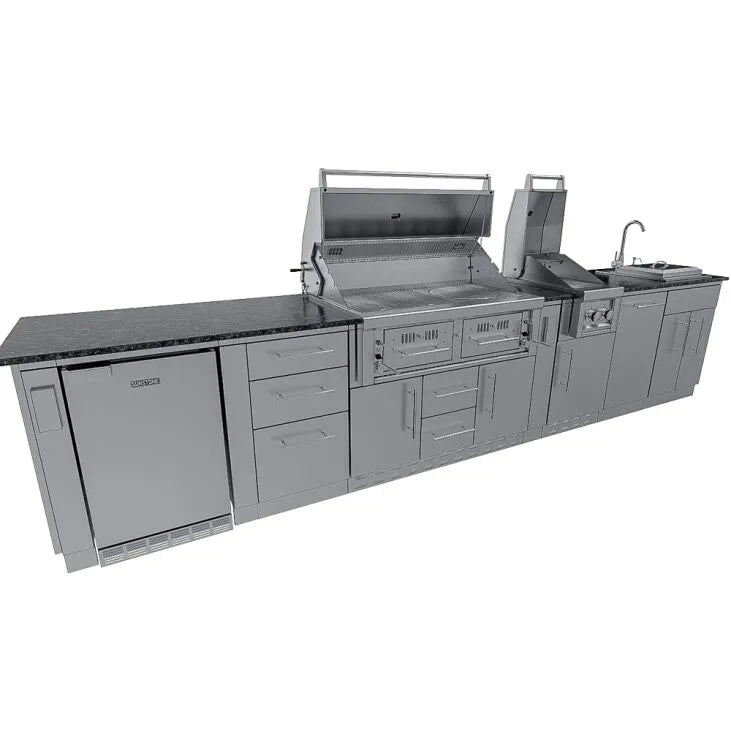 Sunstone Dallas 14′ Outdoor Kitchen Island Package with Gas-Hybrid Charcoal Grill