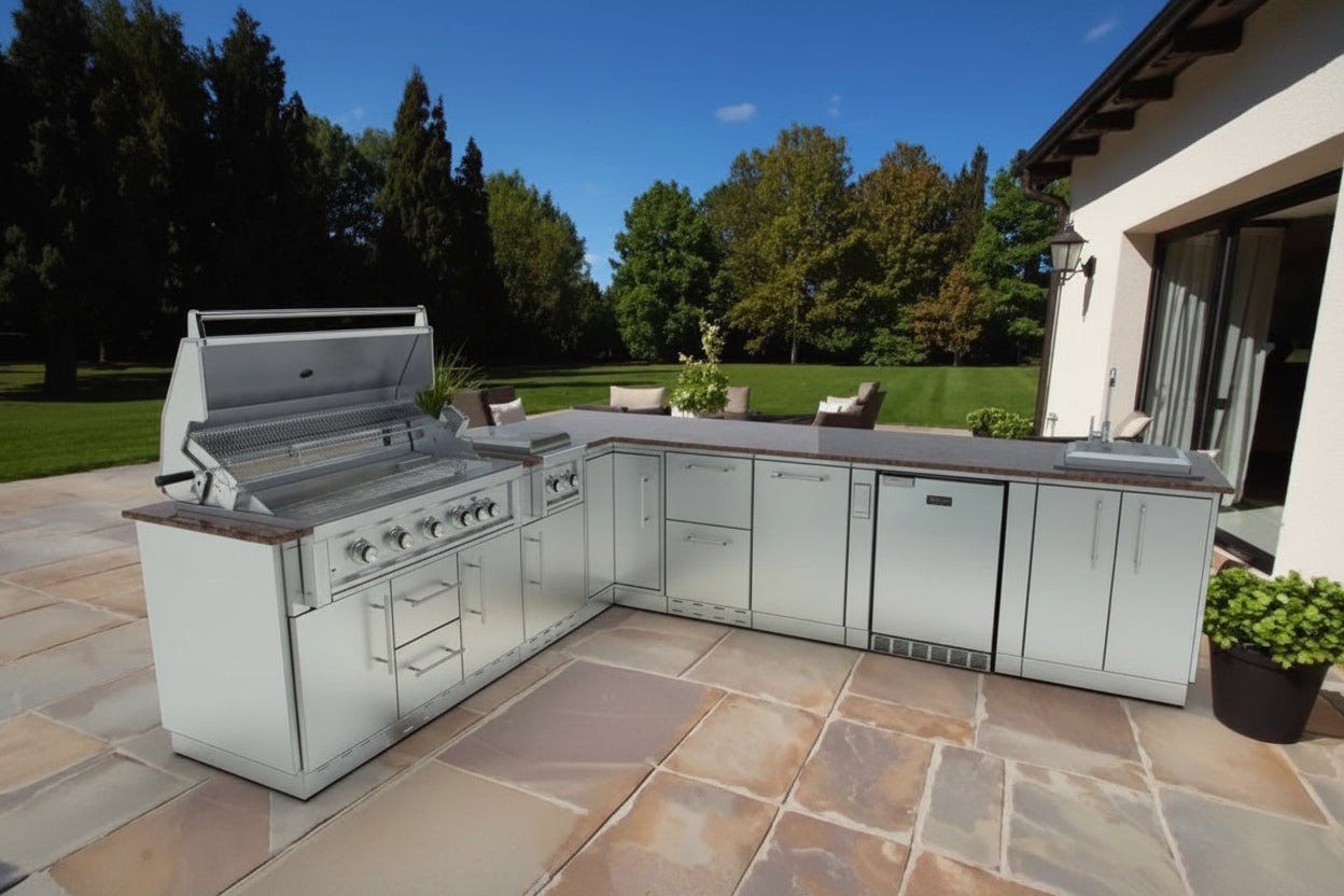 Sunstone Rancher L-Shaped Outdoor Kitchen Island Package