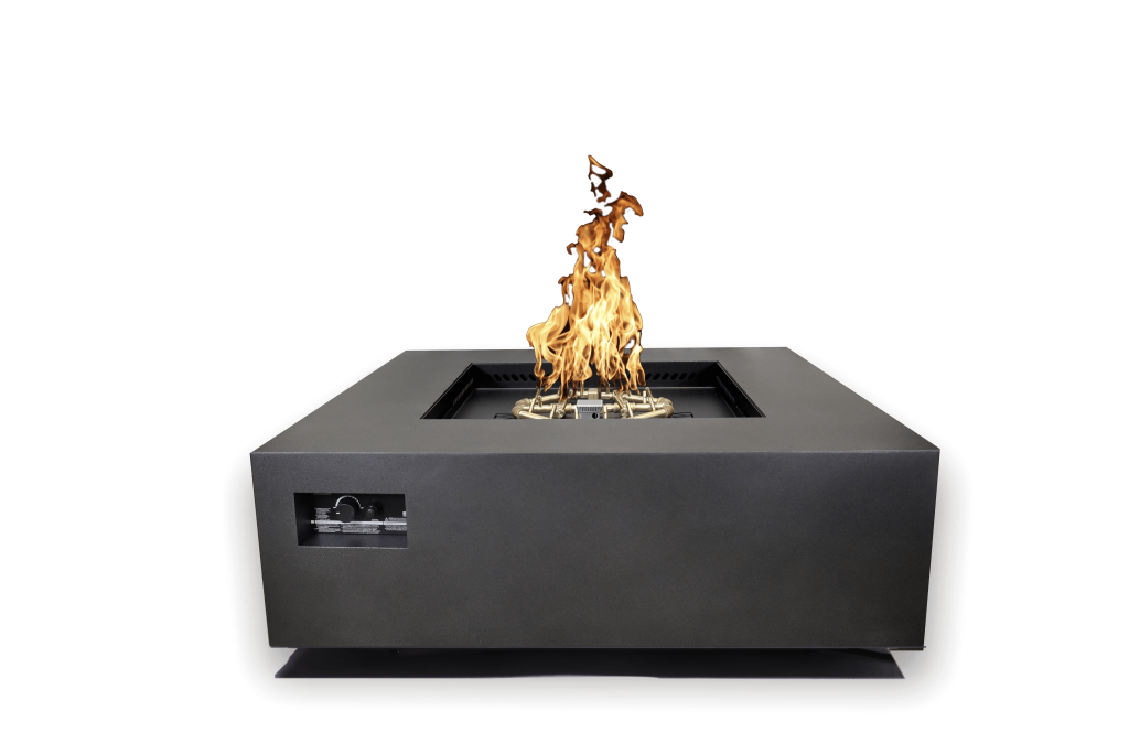 Warming Trends AON square gas fire table, shown in Charcoal (48" model)