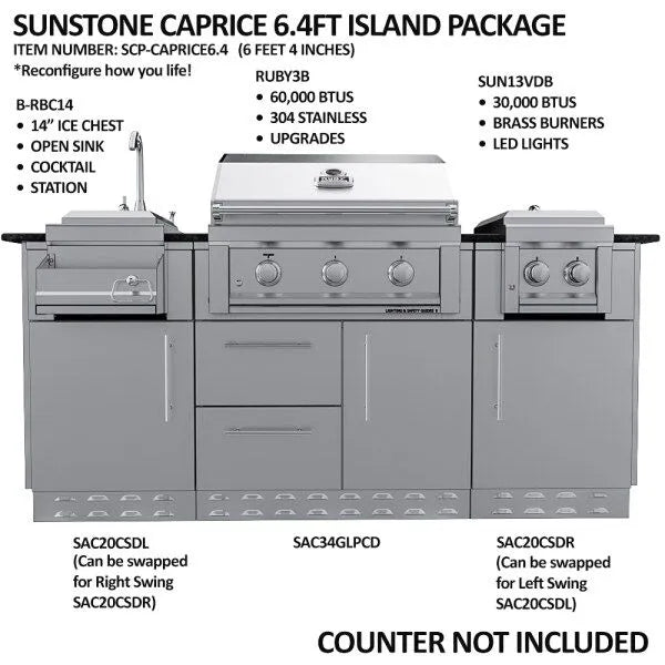 Sunstone Caprice 6.4′ Grill & Bar Sink Outdoor Island Package