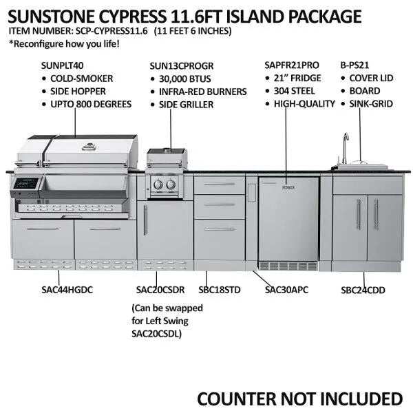Sunstone Cypress 11.6′ Hybrid Pellet Outdoor Kitchen Island Package