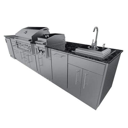 Sunstone Dallas 14′ Outdoor Kitchen Island Package with Gas-Hybrid Charcoal Grill