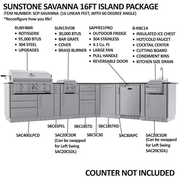 Sunstone Savanna 16′ Outdoor Kitchen Island Package with 60° Angle