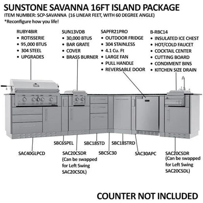 Sunstone Savanna 16′ Outdoor Kitchen Island Package with 60° Angle