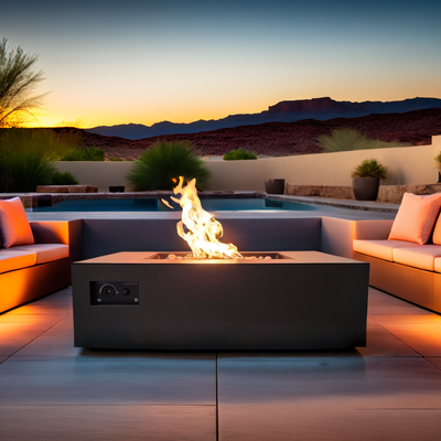 Warming Trends AON square gas fire table on a desert patio