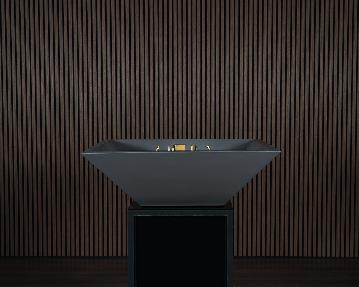 AON Ember square concrete fire bowl in Charcoal, front view