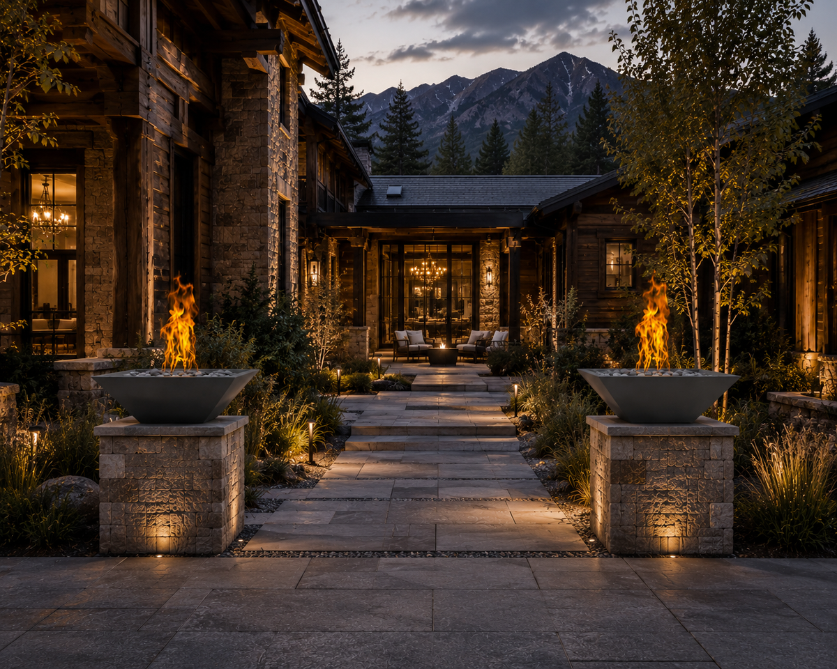 AON Ember Charcoal concrete fire bowl on a patio