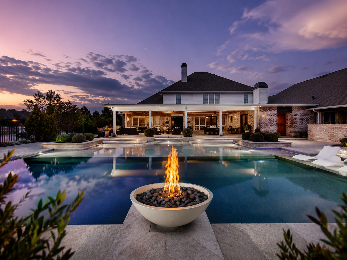 AON Aura White concrete fire bowl on a patio