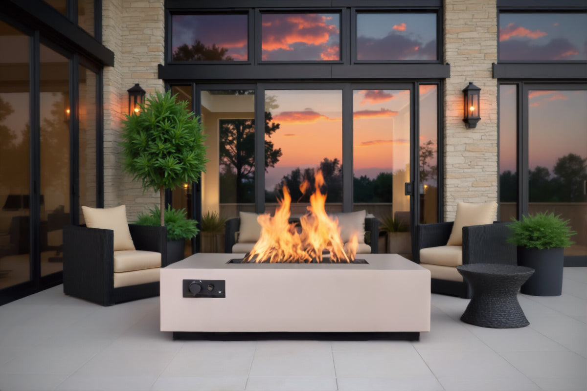 Warming Trends AON rectangular fire table outside an office building