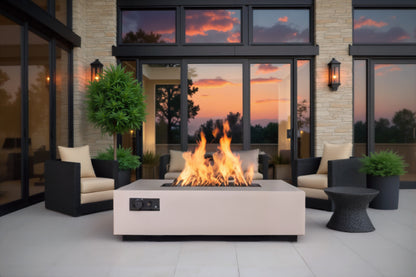 Warming Trends AON rectangular fire table outside an office building