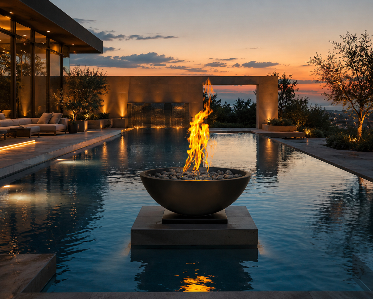 AON Aura Black concrete fire bowl on a patio