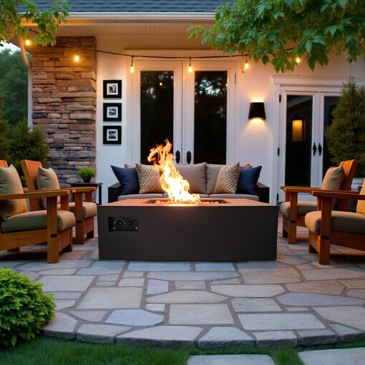 Warming Trends AON 48 inch square fire table on a patio