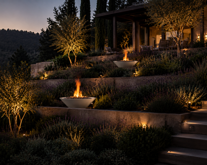 AON Halo White concrete fire bowl on a patio