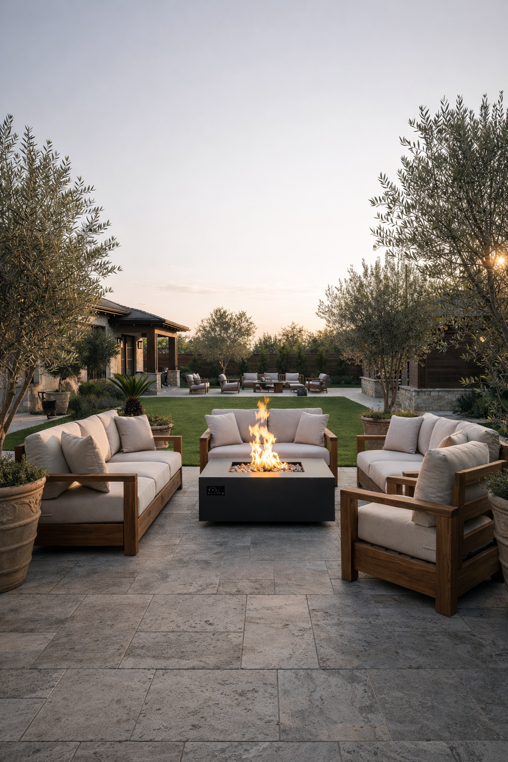 Warming Trends AON square fire table on a backyard patio
