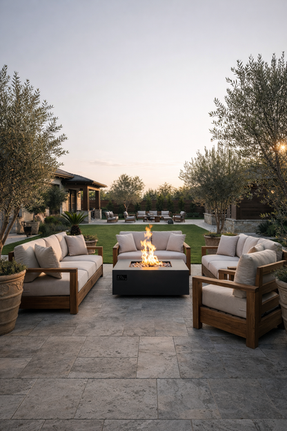 Warming Trends AON square fire table on a backyard patio