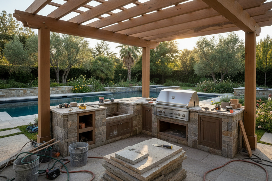 Luxury Backyard Kitchen Under Construction - Solid Steel Grill Lid