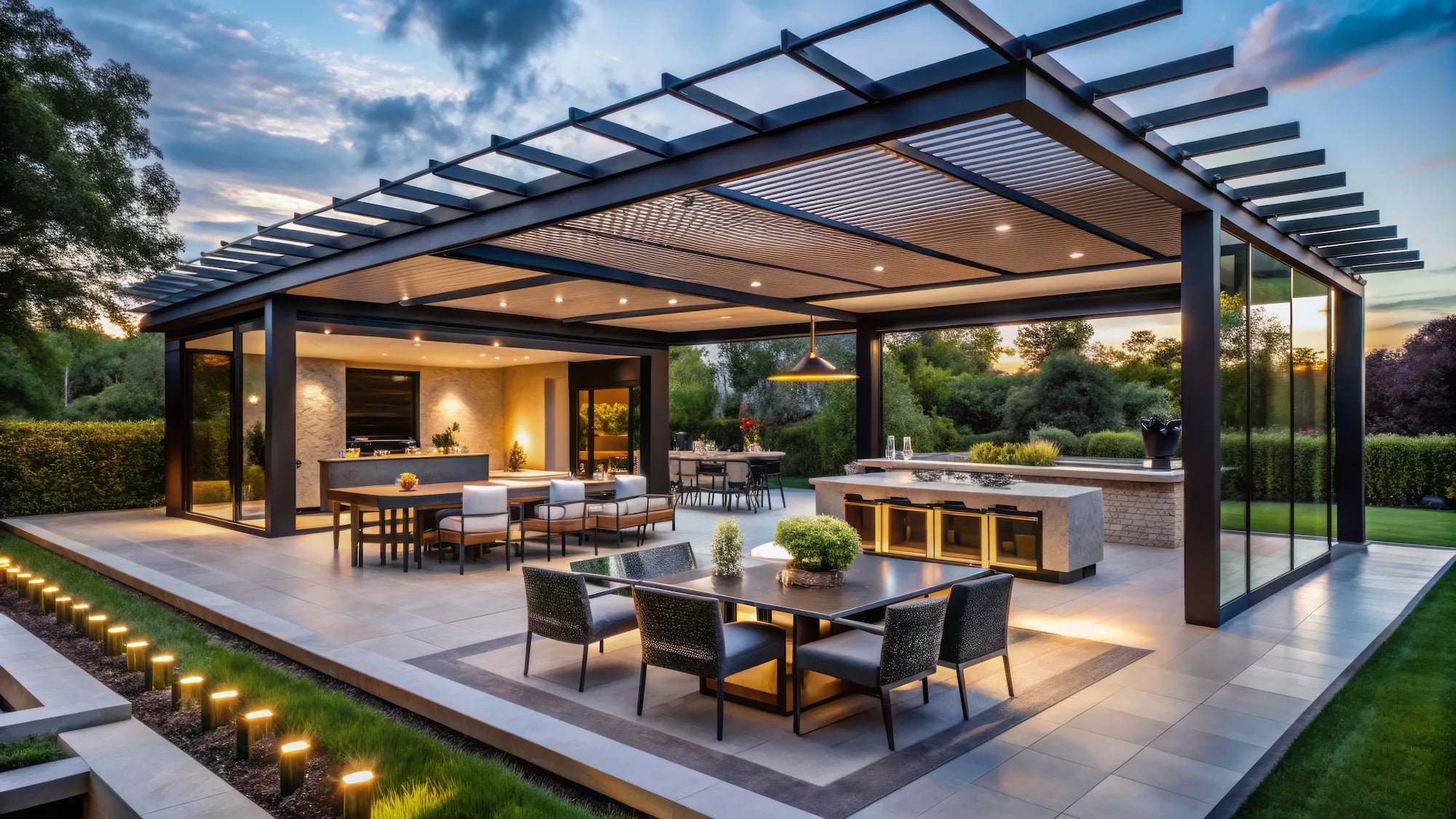 Modern outdoor patio with pergola, dining table, and kitchen area.