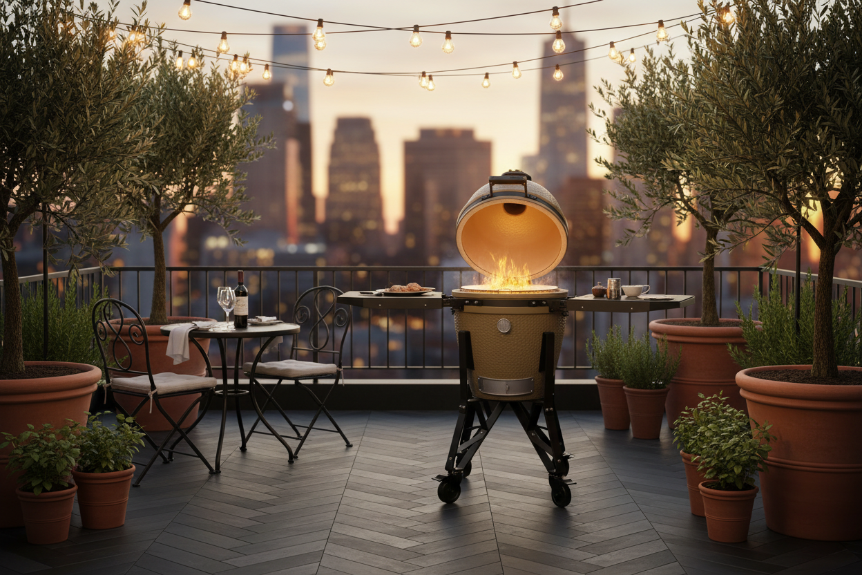 Tan Kamado Grill Urban Luxury Patio